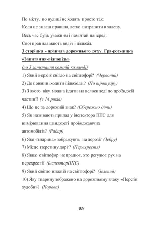 89
По місту, по вулиці не ходять просто так:
Коли не знаєш правила, легко потрапити в халепу.
Весь час будь уважним і пам'ятай наперед:
Свої правила мають водій і пішохід.
3 сторінка - правила дорожнього руху. Гра-розминка
«Запитання-відповідь»
(по 3 запитання кожній команді)
1) Який верхнє світло на світлофорі? (Червоний)
2) Де повинні ходити пішоходи? (По тротуару)
3) З якого віку можна їздити на велосипеді по проїжджій
частині? (з 14 років)
4) Що це за дорожній знак? (Обережно діти)
5) Як називають прилад у інспектора ППС для
вимірювання швидкості проїжджаючих
автомобілів? (Радар)
6) Яке «тварина» зображують на дорозі? (Зебру)
7) Місце перетину доріг? (Перехрестя)
8) Якщо світлофор не працює, хто регулює рух на
перехресті? (ІнспекторППС)
9) Який світло нижній на світлофорі? (Зелений)
10) Яку тварину зображено на дорожньому знаку «Перегін
худоби»? (Корова)
 