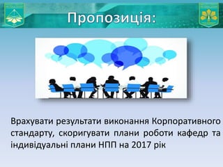 Врахувати результати виконання Корпоративного
стандарту, скоригувати плани роботи кафедр та
індивідуальні плани НПП на 2017 рік
 