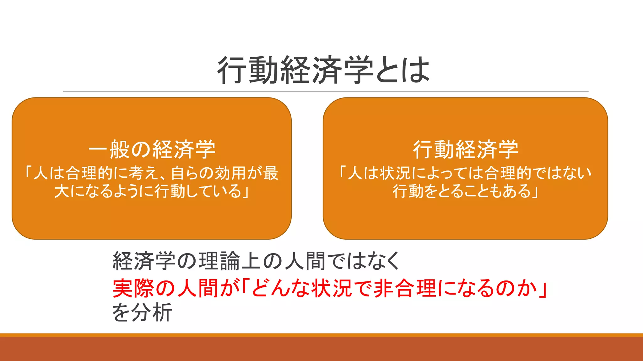 行動経済学とは
一般の経済学
「人は合理的に考え、自らの効用が最
大になるように行動している」
行動経済学
「人は状況によっては合理的ではない
行動をとることもある」
経済学の理論上の人間ではなく
実際の人間が「どんな状況で非合理になるのか」
を分析
 
