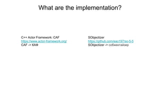What are the implementation?
C++ Actor Framework: CAF
https://www.actor-framework.org/
CAF -> КАФ
SObjectizer
https://github.com/eao197/so-5-5
SObjectizer -> собжектайзер
 