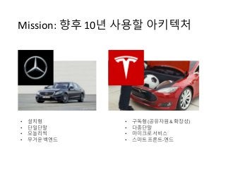 • 구독형 (공유자원 & 확장성)
• 다종단말
• 마이크로 서비스
• 스마트 프론트-엔드
Mission: 향후 10년 사용할 아키텍처
• 설치형
• 단일단말
• 모놀리씩
• 무거운 백엔드
 