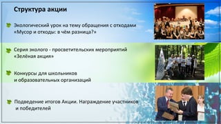 Структура акции
Экологический урок на тему обращения с отходами
«Мусор и отходы: в чём разница?»
Серия эколого - просветительских мероприятий
«Зелёная акция»
Подведение итогов Акции. Награждение участников
и победителей
Конкурсы для школьников
и образовательных организаций
 