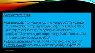 Εκφραστικά μέσα:
Μεταφορές: "το κύμα ήταν πιο γρήγορο", "η κατάρα
των θαλασσών την είχε τυφλώσει". "Με όλους τους
μυς της πιασμένους", "ο ήλιος να λιώσει την
κατάρα","δεν την είχαν πάρει τα χρόνια", "και οι μύες
της σήκωναν εύκολα το ζόρι"
Προσωποποίηση: "ο ήλιος δεν της έκανε το χατίρι"
Παρομοίωση:"σαν κουκκίδες σε γαλάζιο ύφασμα."
ΡΟΥΣΣΗ ΜΑΡΙΑ
 