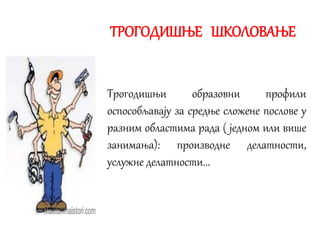 ТРОГОДИШЊЕ ШКОЛОВАЊЕ
Трогодишњи образовни профили
оспособљавају за средње сложене послове у
разним областима рада ( једном или више
занимања): производне делатности,
услужне делатности...
 
