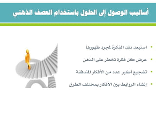‫ظهورها‬ ‫جملرد‬ ‫الفكرة‬ ‫نقد‬ ‫استبعد‬
‫الذهن‬ ‫على‬ ‫ختطر‬ ‫فكرة‬ ‫كل‬ ‫عرض‬
‫املتدفقة‬ ‫األفكار‬ ‫من‬ ‫عدد‬ ‫أكرب‬ ‫تشجيع‬
‫الطرق‬ ‫مبختلف‬ ‫األفكار‬ ‫بني‬ ‫الروابط‬ ‫إنشاء‬
 