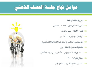 ‫واملتعة‬ ‫واخلفة‬ ‫املرح‬
‫الذهين‬ ‫بالعصف‬ ‫املشاركني‬ ‫تعريف‬
‫مألوفة‬ ‫الغري‬ ‫األفكار‬ ‫قبول‬
‫األسلوب‬ ‫هذا‬ ‫جبدوى‬ ‫اإلميان‬
‫الشخصية‬ ‫الدوافع‬ ‫عن‬ ‫والبعد‬ ‫اجللسة‬ ‫موضوعية‬
‫بارز‬ ‫مكان‬ ‫يف‬ ‫األفكار‬ ‫كتابة‬
‫األفكار‬ ‫جتف‬ ‫حتى‬ ‫األفكار‬ ‫وتوليد‬ ‫العصف‬ ‫استمرار‬
‫املشاركني‬6–12
‫احلواجز‬ ‫وإزالة‬ ‫للجلسة‬ ‫التمهيد‬
 