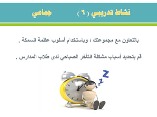 ‫السمكة‬ ‫عظمة‬ ‫أسلوب‬ ‫وباستخدام‬ ‫؛‬ ‫مجموعتك‬ ‫مع‬ ‫بالتعاون‬.
‫المدارس‬ ‫طالب‬ ‫لدى‬ ‫الصباحي‬ ‫التأخر‬ ‫مشكلة‬ ‫أسباب‬ ‫بتحديد‬ ‫قم‬.
 