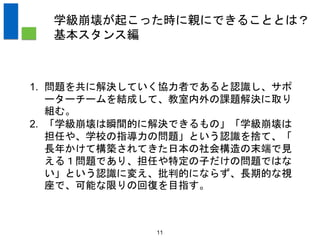 11
学級崩壊が起こった時に親にできることとは？
基本スタンス編
1. 問題を共に解決していく協力者であると認識し、サポ
ーターチームを結成して、教室内外の課題解決に取り
組む。
2. 「学級崩壊は瞬間的に解決できるもの」「学級崩壊は
担任や、学校の指導力の問題」という認識を捨て、「
長年かけて構築されてきた日本の社会構造の末端で見
える１問題であり、担任や特定の子だけの問題ではな
い」という認識に変え、批判的にならず、長期的な視
座で、可能な限りの回復を目指す。
 