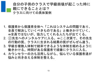 13
自分の子供のクラスで学級崩壊が起こった時に
親にできることとは？
クラスに向けての具体策例
1. 保護者から保護者全体へ「これはシステムの問題であり、
全員で解決していくべきものである」と働きかけていく。
⇛全員ではないが、協力してくれる人たちが出てくる。
2. ②先生へのメンタルケアに入る。⇛ここ次第で、その先生
の行動の質、クラスに生まれる結果の質がぜんぜん違う。
3. 学級を複数人体制で統率できるような体制を組めるように
働きかける。時間がある保護者で順番にクラスに入る。
4. カウンセラーの力も活用しながら、悩んでいる保護者達が
悩みと向き合える体制を整える。
 