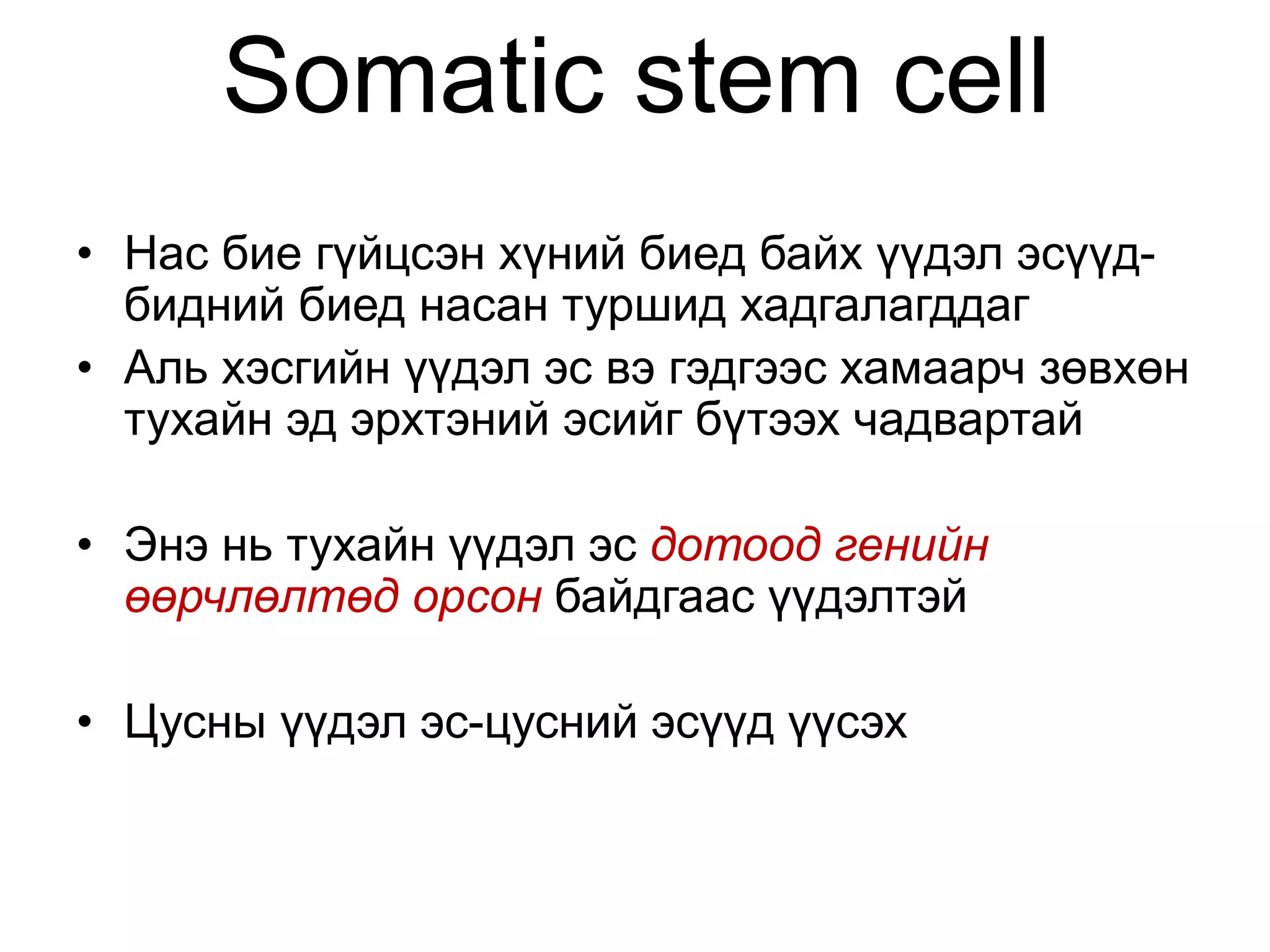 Somatic stem cell
• Нас бие гүйцсэн хүний биед байх үүдэл эсүүд-
бидний биед насан туршид хадгалагддаг
• Аль хэсгийн үүдэл эс вэ гэдгээс хамаарч зөвхөн
тухайн эд эрхтэний эсийг бүтээх чадвартай
• Энэ нь тухайн үүдэл эс дотоод генийн
өөрчлөлтөд орсон байдгаас үүдэлтэй
• Цусны үүдэл эс-цусний эсүүд үүсэх
 
