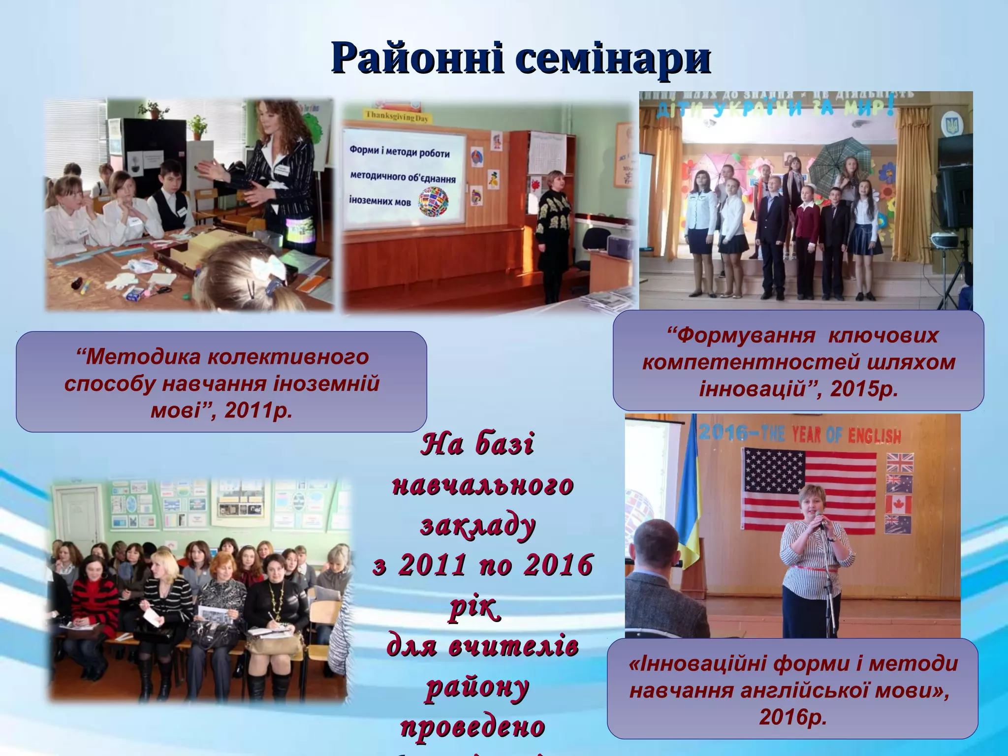 Районні семінариРайонні семінари
На базіНа базі
навчальногонавчального
закладузакладу
з 2011 по 2016з 2011 по 2016
рікрік
для вчителівдля вчителів
районурайону
проведенопроведено
“Методика колективного
способу навчання іноземній
мові”, 2011р.
«Інноваційні форми і методи
навчання англійської мови»,
2016р.
“Формування ключових
компетентностей шляхом
інновацій”, 2015р.
 