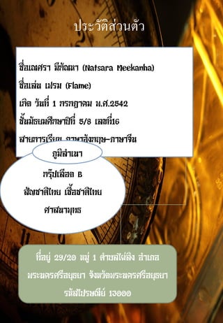 ประวัติส่วนตัว
ชื่อเณศรา มีกัณหา (Natsara Meekanha)
ชื่อเล่น เฟรม (Flame)
เกิด วันที่ 1 กรกฎาคม พ.ศ.2542
ชั้นมัธยมศึกษาปีที่ 5/8 เลขที่16
สายการเรียน ภาษาอังกฤษ-ภาษาจีน
กรุ๊ปเลือด B
สัญชาติไทย เชื้อชาติไทย
ศาสนาพุทธ
ภูมิลาเนา
ที่อยู่ 29/20 หมู่ 1 ตาบลไผ่ลิง อาเภอ
พระนครศรีอยุธยา จังหวัดพระนครศรีอยุธยา
รหัสไปรษณีย์ 13000
 