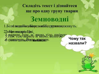 Складіть текст і дізнайтеся
ще про одну групу тварин
1.Біля водойм живуть жаби, тритони.1.водойм, Біля, жаби, тритони, живуть.
2.земноводні, Це.
3.Їхнє тіло вкрите м’якою, вологою шкірою
4. дихають, Вони, киснем.4. Вони дихають киснем.
2. Це земноводні.
3. вкрите, Їхнє, м’ якою, тіло, шкірою,
вологою. Чому так
назвали?
Земноводні
 