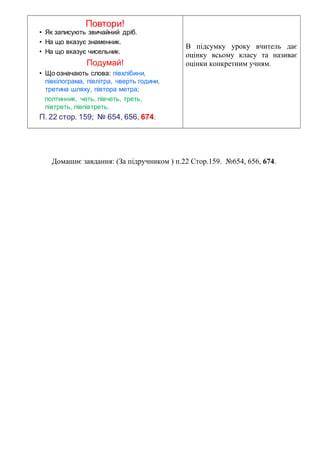 Повтори!
• Як записують звичайний дріб.
• На що вказує знаменник.
• На що вказує чисельник.
Подумай!
• Що означають слова: півхлібини,
півкілограма, півлітра, чверть години,
третина шляху, півтора метра;
полтинник, четь, півчеть, треть,
півтреть, півпівтреть.
П. 22 стор. 159; № 654, 656, 674.
В підсумку уроку вчитель дає
оцінку всьому класу та називає
оцінки конкретним учням.
Домашнє завдання: (За підручником ) п.22 Стор.159. №654, 656, 674.
 