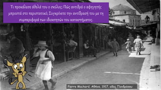 Τι προκάλεσε άθελά του ο σκύλος; Πώς αντιδρά ο αφηγητής
μπροστά στο περιστατικό; Συγκρίνετε την αντίδρασή του με τη
συμπεριφορά των ιδιοκτητών του καταστήματος.
Pierre Machard, Αθήνα, 1917, οδός Πανδρόσου
 