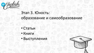 Этап 3. Юность:
образование и самообразование
• Статьи
• Книги
• Выступления
 