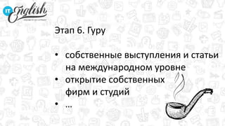 Этап 6. Гуру
• собственные выступления и статьи
на международном уровне
• открытие собственных
фирм и студий
• …
 