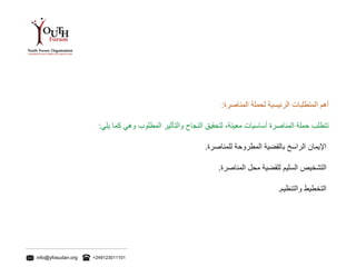 info@yfosudan.org +249123011101
‫أهم‬‫المتطلبات‬‫الرئيسية‬‫لحملة‬‫المناصرة‬:
‫تتطلب‬‫حملة‬‫المناصرة‬‫أساسيات‬‫معينة‬،‫لتحقيق‬‫النجاح‬‫والتأثير‬‫المطلوب‬‫وهي‬‫كما‬‫يلي‬:
‫اإليمان‬‫الراسخ‬‫بالقضية‬‫المطروحة‬‫للمناصرة‬.
‫التشخيص‬‫السليم‬‫للقضية‬‫محل‬‫المناصرة‬.
‫التخطيط‬‫والتنظيم‬.
 