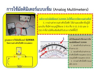 การใช้มัลติมิเตอร์แบบเข็ม (Analog Multimeters)
หลักการนามัลติมิเตอร์ SUNWA ไปใช้ในการวัดความต่างศักย์
5. การอ่านค่าความต่างศักย์ไฟฟ้า ให้อ่านสเกลสีดาที่อยู่ใต้
แถบเงิน ซึ่งมีค่าระบุอยู่ใต้สเกล 3 ช่วง คือ 0-10, 0-50 และ 0-
250 ค่าที่อ่านได้ต้องสัมพันธ์กับช่วงการวัดที่ตั้งไว้
รูปแสดงการใช้มัลติมิเตอร์ SUNWA
วัดความต่างศักย์ไฟฟ้ ากระแสตรง
หน้าปัดแสดงค่าปริมาณการวัด
ของมัลติมิเตอร์ SUNWA
1. สเกลสาหรับอ่านค่าความ
ต้านทาน (Ω)
2. สเกลสาหรับอ่านค่าความ
ต่างศักย์ไฟฟ้ากระแสตรง (DCV),
กระแสไฟฟ้ากระแสตรง (DCA)
3. ความต่างศักย์ไฟฟ้ากระแส
สลับ (ACV)
1
2
3
 