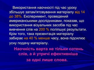 Використання наочності під час урокуВикористання наочності під час уроку
збільшує запам'ятовування матеріалузбільшує запам'ятовування матеріалу від 14від 14
до 38%.до 38%. Експеримент, проведенийЕксперимент, проведений
американськими дослідниками, показав, щоамериканськими дослідниками, показав, що
використання візуальних засобів під часвикористання візуальних засобів під час
вивчення слів навивчення слів на 200 %200 % поліпшує результати.поліпшує результати.
Крім того, така презентація матеріалуКрім того, така презентація матеріалу
забираєзабирає на 40 % меншена 40 % менше часу, вона підсилюєчасу, вона підсилює
усну подачу матеріалу.усну подачу матеріалу.
Наочність варта не тільки сотеньНаочність варта не тільки сотень
слів, а й утричі ефективнішаслів, а й утричі ефективніша
за одні лише слова.за одні лише слова.
 