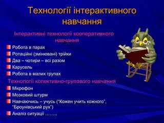 Технології інтерактивногоТехнології інтерактивного
навчаннянавчання
Інтерактивні технології кооперативногоІнтерактивні технології кооперативного
навчаннянавчання
Робота в парахРобота в парах
Ротаційні (змінювані) трійкиРотаційні (змінювані) трійки
Два – чотири – всі разомДва – чотири – всі разом
КарусельКарусель
Робота в малих групахРобота в малих групах
Технології колективно-групового навчанняТехнології колективно-групового навчання
МікрофонМікрофон
Мозковий штурмМозковий штурм
Навчаючись – учусь (“Кожен учить кожного”,Навчаючись – учусь (“Кожен учить кожного”,
“Броунівський рух”)“Броунівський рух”)
Аналіз ситуації ……..Аналіз ситуації ……..
 