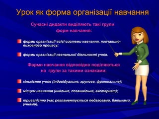 Урок як форма організації навчанняУрок як форма організації навчання
Сучасні дидакти виділяють такі групиСучасні дидакти виділяють такі групи
форм навчання:форм навчання:
форми організації всієї системи навчання, навчально-форми організації всієї системи навчання, навчально-
виховного процесу;виховного процесу;
форми організації навчальної діяльності учнів.форми організації навчальної діяльності учнів.
Форми навчання відповідно поділяютьсяФорми навчання відповідно поділяються
на групи за такими ознаками:на групи за такими ознаками:
кількістю учнів (індивідуальне, групове, фронтальне);кількістю учнів (індивідуальне, групове, фронтальне);
місцем навчання (шкільне, позашкільне, екстернат);місцем навчання (шкільне, позашкільне, екстернат);
тривалістю (час регламентується педагогами, батьками,тривалістю (час регламентується педагогами, батьками,
учнями).учнями).
 