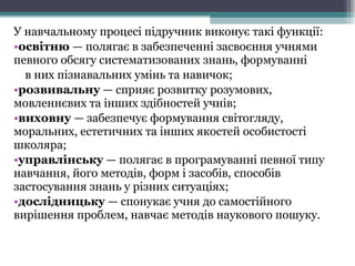 У навчальному процесі підручник виконує такі функції:
•освітню — полягає в забезпеченні засвоєння учнями
певного обсягу систематизованих знань, формуванні
в них пізнавальних умінь та навичок;
•розвивальну — сприяє розвитку розумових,
мовленнєвих та інших здібностей учнів;
•виховну — забезпечує формування світогляду,
моральних, естетичних та інших якостей особистості
школяра;
•управлінську — полягає в програмуванні певної типу
навчання, його методів, форм і засобів, способів
застосування знань у різних ситуаціях;
•дослідницьку — спонукає учня до самостійного
вирішення проблем, навчає методів наукового пошуку.
 
