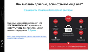 О возвратах товаров и бесплатной доставке
Мировые исследования гласят, что
РЕКЛАМИРОВАНИЕ возможности
вернуть товар без проблем, может
повысить продажи в 3,5 раза.
https://www.shopify.com/blog/17992264-free-shipping-returns-8-
resources-to-get-you-started
Как вызвать доверие, если отзывов ещё нет?
 