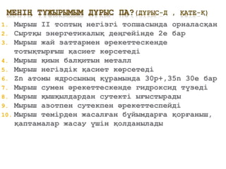 1. Мырыш ІІ топтың негізгі топшасында орналасқан
2. Сыртқы энергетикалық деңгейінде 2е бар
3. Мырыш жай заттармен әрекетте...