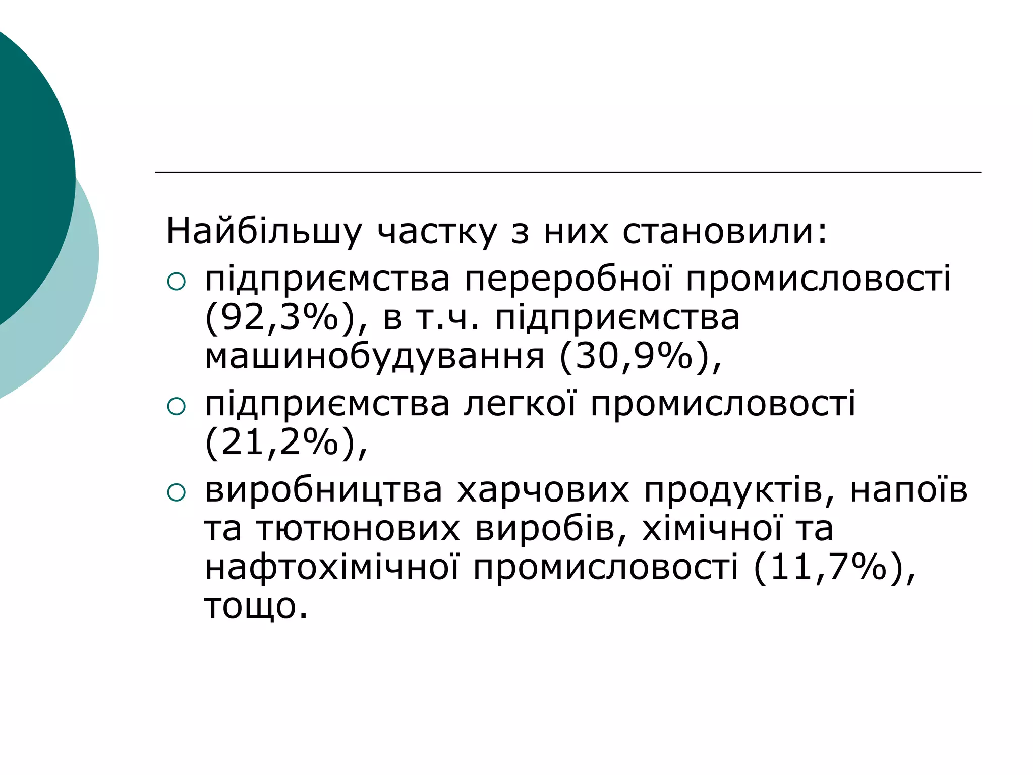 Найбільшу частку з них становили:
 підприємства переробної промисловості
(92,3%), в т.ч. підприємства
машинобудування (30,9%),
 підприємства легкої промисловості
(21,2%),
 виробництва харчових продуктів, напоїв
та тютюнових виробів, хімічної та
нафтохімічної промисловості (11,7%),
тощо.
 