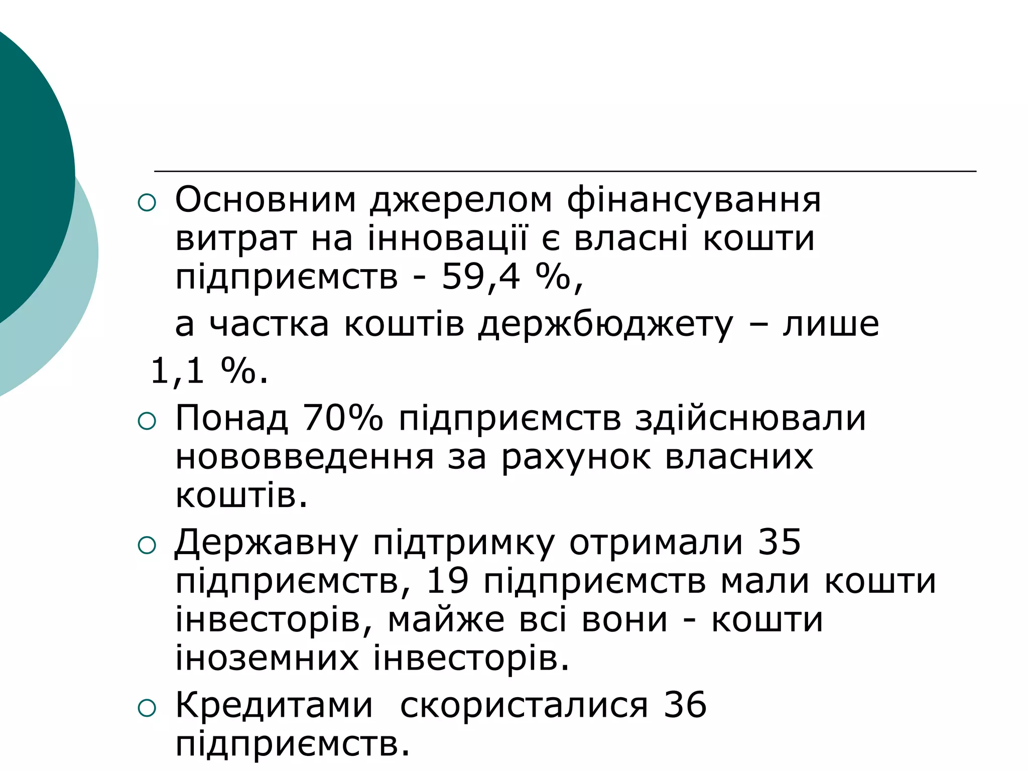  Основним джерелом фінансування
витрат на інновації є власні кошти
підприємств - 59,4 %,
а частка коштів держбюджету – лише
1,1 %.
 Понад 70% підприємств здійснювали
нововведення за рахунок власних
коштів.
 Державну підтримку отримали 35
підприємств, 19 підприємств мали кошти
інвесторів, майже всі вони - кошти
іноземних інвесторів.
 Кредитами скористалися 36
підприємств.
 