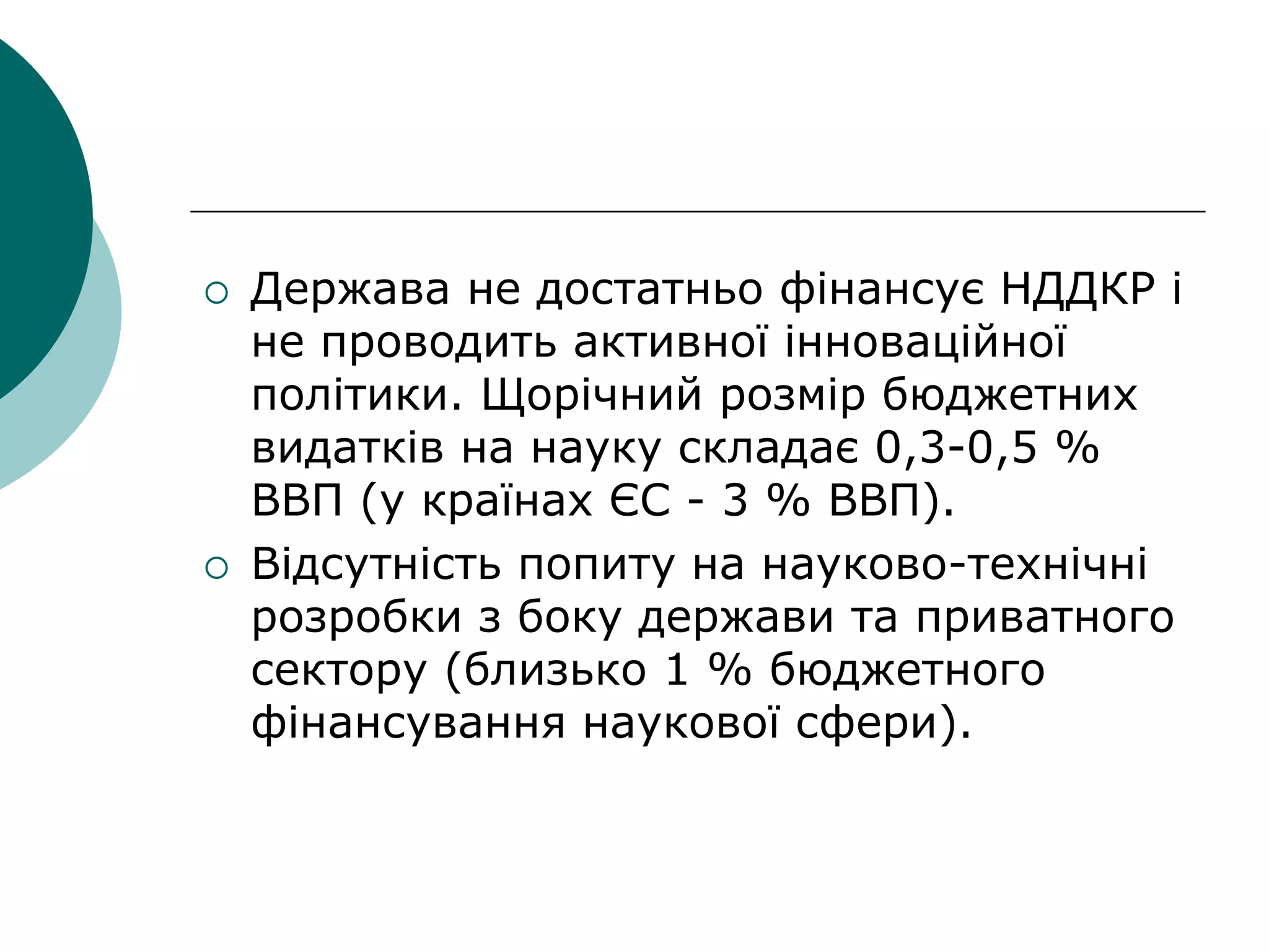  Держава не достатньо фінансує НДДКР і
не проводить активної інноваційної
політики. Щорічний розмір бюджетних
видатків на науку складає 0,3-0,5 %
ВВП (у країнах ЄС - 3 % ВВП).
 Відсутність попиту на науково-технічні
розробки з боку держави та приватного
сектору (близько 1 % бюджетного
фінансування наукової сфери).
 