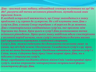 Діва – шостий знак зодіаку, відповідний сектору екліптики на 150⁰ до
180⁰, рахуючи від точки весняного рівнодення, мутабельний знак
тригона Земля.
В західній астрології вважається, що Сонце знаходиться в знаку
приблизно з 24 серпня до 23 вересня. Не слід плутати знак Діви з
сузір'ям Діви, в якому Сонце перебуває з 16 вересня до 30 жовтня.
Діва є екваторіальним найдавнішим сузір’ям, яке пролягає між
Терезами та Левом. Крім цього в сузір’ї Діви розташована точка
осіннього рівнодення. Зірки цього знаку найбільш вдало спостерігати
у весняний період ночами, коли сузір’я знаходиться досить високо
над горизонтом переважно з південної сторонни.
Сузір’я Діви можна побачити без допомогти телескопа лише за
умови, що ніч буде ясною і безлунною. Складається сузір’я з 95 зірок,
але не всі вони досить яскраві. Найбільш світяться, зіркою в сузір’ї є
Спіка, тому з’єднуючи дану зірку і інші яскраві зірки Діви, ми в
підсумку і отримуємо сузір’я.
Якщо спробувати поєднати однією лінією Спік і найяскравіші зірки
сузір'я, можна отримати чотирикутник неправильної форми –
геометричну фігуру Діви.
 