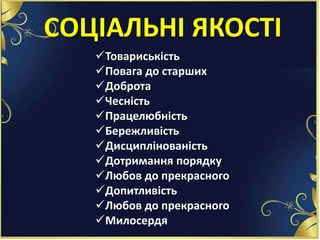 СОЦІАЛЬНІ ЯКОСТІ
Товариськість
Повага до старших
Доброта
Чесність
Працелюбність
Бережливість
Дисциплінованість
Дотримання порядку
Любов до прекрасного
Допитливість
Любов до прекрасного
Милосердя
 