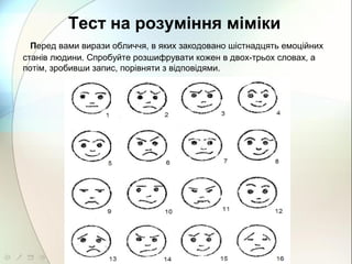 Тест на розуміння міміки
Перед вами вирази обличчя, в яких закодовано шістнадцять емоційних
станів людини. Спробуйте розшифрувати кожен в двох-трьох словах, а
потім, зробивши запис, порівняти з відповідями.
 