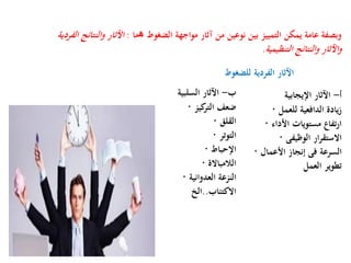 ‫الضغوط‬ ‫مواجهة‬ ‫آثار‬ ‫من‬ ‫نوعين‬ ‫بين‬ ‫التمييز‬ ‫يمكن‬ ‫عامة‬ ‫وبصفة‬‫ھ‬‫ما‬:‫الفردية‬ ‫النتائج‬‫و‬ ‫اآلثار‬
‫التنظيمية‬ ‫النتائج‬‫و‬ ‫اآلثار‬‫و‬.
‫للضغوط‬ ‫الفردية‬ ‫اآلثار‬
‫أ‬-‫اإليجابية‬ ‫اآلثار‬
‫للعمل‬ ‫الدافعية‬ ‫يادة‬‫ز‬·
‫األداء‬ ‫مستويات‬ ‫تفاع‬‫ر‬‫ا‬·
‫الوظيفى‬ ‫ار‬‫ر‬‫االستق‬·
‫األعمال‬ ‫إنجاز‬ ‫فى‬ ‫السرعة‬·
‫العمل‬ ‫تطوير‬
‫ب‬-‫السلبية‬ ‫اآلثار‬
‫كيز‬‫التر‬ ‫ضعف‬·
‫القلق‬·
‫التوتر‬·
‫اإلحباط‬·
‫الالمباالة‬·
‫العدوانية‬ ‫النزعة‬·
‫االكتئاب‬..‫الخ‬
 