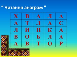 “ Читання анаграм ”
Х В А Л А
А Т Л А С
Л И П К А
В О Б Л А
А В Т О Р
 
