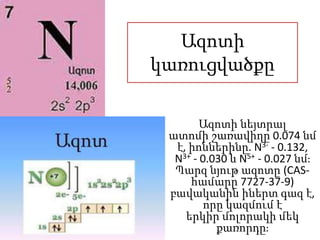 Ազոտի
կառուցվածքը
Ազոտի նեյտրալ
ատոմի շառավիղը 0.074 նմ
է, իոններինը. N3- - 0.132,
N3+ - 0.030 և N5+ - 0.027 նմ։
Պարզ նյութ ազոտը (CAS-
համարը 7727-37-9)
բավականին իներտ գազ է,
որը կազմում է
երկիր մոլորակի մեկ
քառորդը։
 