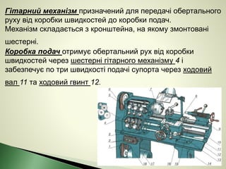 Гітарний механізм призначений для передачі обертального
руху від коробки швидкостей до коробки подач.
Механізм складається з кронштейна, на якому змонтовані
шестерні.
Коробка подач отримує обертальний рух від коробки
швидкостей через шестерні гітарного механізму 4 і
забезпечує по три швидкості подачі супорта через ходовий
вал 11 та ходовий гвинт 12.
 
