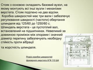Стояк з основою складають базовий вузол, на
якому монтують всі інші вузли і механізми
верстата. Стояк поділено на два відсіки.
Коробка швидкостей має три вали і забезпечує
регулювання швидкості (частоти) обертання
шпинделя від 125/60 до 1250/60 с.
Шпиндель верстата - це пустотілий вал,
встановлений на підшипниках. Невеликий за
довжиною проміжок між опорами і значний
діаметр перетину забезпечують необхідну
стійкість проти вібрації
та жорсткість шпинделя.
Розріз коробки швидкостей
фрезерного верстата НГФ 110 Ш4
 