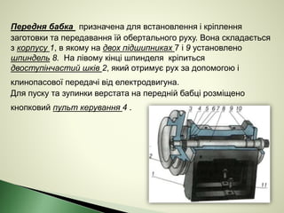 Передня бабка призначена для встановлення і кріплення
заготовки та передавання їй обертального руху. Вона складається
з корпусу 1, в якому на двох підшипниках 7 і 9 установлено
шпиндель 8. На лівому кінці шпинделя кріпиться
двоступінчастий шків 2, який отримує рух за допомогою і
клинопасової передачі від електродвигуна.
Для пуску та зупинки верстата на передній бабці розміщено
кнопковий пульт керування 4 .
 