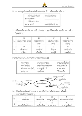 ภาษาไทย ป.5 หน้า 9
พิจารณาความถูกต้องของลักษณะบังคับของกาพย์ยานี 11 แล้วตอบคาถามข้อ 35
35. ข้อใดควรเป็นวรรคที่ 4 ของ บทที่ 1 ในหมวด ก. และข้อใดควรเป็นวรรคที่ 2 ของ บทที่ 2
ในหมวด ข.
ก.
1)
หมีเสือกวางช้างนกยูง
2)
หมีเสือกวางช้าง
กระทิง
3)
หมีเสือกวางช้าง
ฮิบโป
4)
หมีเสือกวางช้าง
ม้าลาย
ข.
1)
เดินทางมา
น่าโมโห
2)
มาอยู่กรง
ไม่ใหญ่โต
3)
ต่างงุนงง
มาอยู่นี่
4)
มาอยู่กรงใน
สวนสัตว์
อ่านกลุ่มคาและแผนภาพความคิด แล้วตอบคาถามข้อ 36
36. ข้อใดเป็นความคิดหลัก ในหมวด ก. และข้อใดเป็นความคิดย่อยของความคิดหลัก
ของคาตอบข้างต้นในหมวด ข.
ก.
1)
การสร้างตึก
2)
วิธีการแก้ไข
3)
การบุกรุกพื้นป่า
4)
ควันจากการเผาไหม้
ข.
1)
มนุษย์ไม่มีแหล่งอาหาร
2)
ภาวะโลกร้อน
3)
การเผาขยะ
4)
การปลูกต้นไม้
เที่ยวไปในสวนสัตว์ สารพัดสัตว์มากมี
ลิงค่างบ่างชะนี ....................................
โอ้สัตว์จากไพรพง ....................................
ดาราทาท่าโก้ คนตามตื๊อซื้อบัตรชม
อากาศเป็นพิษ
ความคิดหลัก
ความคิดหลัก
ผลกระทบ
ความคิดย่อย
ความคิดย่อย
ความคิดย่อย
ความคิดย่อย
ความคิดย่อย
มะเร็งปอด
การสร้างตึก สาเหตุของการเกิด การบุกรุกพื้นที่ป่า
ภาวะโลกร้อน มนุษย์ไม่มีแหล่งอาหาร การประหยัดไฟ
ควันจากการเผาไหม้ การปลูกต้นไม้ การเผาขยะ
ผลกระทบ มะเร็งปอด วิธีการแก้ไข
 