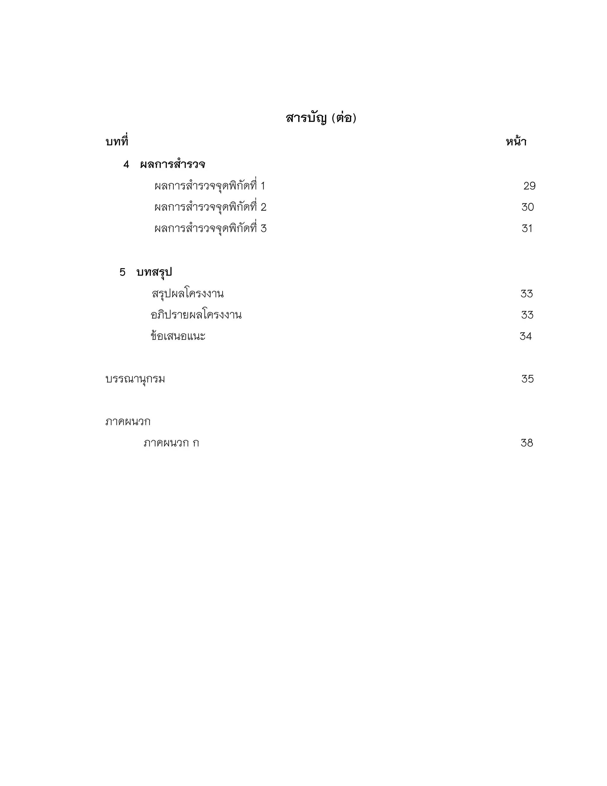 สารบัญ (ต่อ)
บทที่ หน้า
4 ผลการสารวจ
ผลการสารวจจุดพิกัดที่ 1 29
ผลการสารวจจุดพิกัดที่ 2 30
ผลการสารวจจุดพิกัดที่ 3 31
5 บทสรุป
สรุปผลโครงงาน 33
อภิปรายผลโครงงาน 33
ข้อเสนอแนะ 34
บรรณานุกรม 35
ภาคผนวก
ภาคผนวก ก 38
 