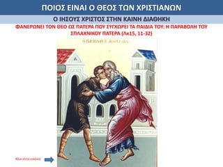 ΠΟΙΟΣ ΕΙΝΑΙ Ο ΘΕΟΣ ΤΩΝ ΧΡΙΣΤΙΑΝΩΝ
Ο ΙΗΣΟΥΣ ΧΡΙΣΤΟΣ ΣΤΗΝ ΚΑΙΝΗ ΔΙΑΘΗΚΗ
ΦΑΝΕΡΩΝΕΙ ΤΟΝ ΘΕΟ ΩΣ ΠΑΤΕΡΑ ΠΟΥ ΣΥΓΧΩΡΕΙ ΤΑ ΠΑΙΔΙΑ ΤΟΥ: Η ΠΑΡΑΒΟΛΗ ΤΟΥ
ΣΠΛΑΧΝΙΚΟΥ ΠΑΤΕΡΑ (Λκ15, 11-32)
Κλικ στην εικόνα
 