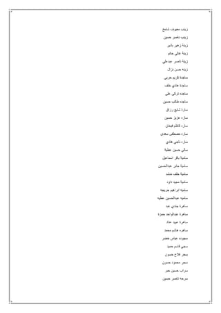 ‫شامخ‬ ‫معيوف‬ ‫زينب‬
‫حسين‬ ‫ناصر‬ ‫زينب‬
‫بشير‬ ‫زهير‬ ‫زينة‬
‫حاتم‬ ‫غالي‬ ‫زينة‬
‫عبدعلي‬ ‫ناصر‬ ‫زينة‬
‫نزال‬ ‫حسن‬ ‫زينه‬
‫حربي‬ ‫كريم‬ ‫ساجدة‬
‫خلف‬ ‫هادي‬ ‫ساجدة‬
‫علي‬ ‫تركي‬ ‫ساجده‬
‫طالب‬ ‫ساجده‬‫حسين‬
‫رزاق‬ ‫شايع‬ ‫سارة‬
‫حسين‬ ‫عزيز‬ ‫ساره‬
‫فيحان‬ ‫كاظم‬ ‫ساره‬
‫سعدي‬ ‫مصطفى‬ ‫ساره‬
‫هادي‬ ‫ناجي‬ ‫ساره‬
‫عطية‬ ‫حسين‬ ‫سالي‬
‫اسماعيل‬ ‫باقر‬ ‫سامية‬
‫عبدالحسين‬ ‫جابر‬ ‫سامية‬
‫منشد‬ ‫خلف‬ ‫سامية‬
‫داود‬ ‫مجيد‬ ‫سامية‬
‫حريجه‬ ‫ابراهيم‬ ‫ساميه‬
‫عطيه‬ ‫عبدالحسين‬ ‫ساميه‬
‫عبد‬ ‫جندي‬ ‫ساهرة‬
‫حمزة‬ ‫عبدالواحد‬ ‫ساهرة‬
‫عناد‬ ‫عبيد‬ ‫ساهرة‬
‫محمد‬ ‫هاشم‬ ‫ساهره‬
‫خضر‬ ‫عباس‬ ‫سجوده‬
‫حميد‬ ‫قاسم‬ ‫سجى‬
‫حسون‬ ‫فالح‬ ‫سحر‬
‫حسون‬ ‫محمود‬ ‫سحر‬
‫جبر‬ ‫حسين‬ ‫سراب‬
‫حسين‬ ‫ناصر‬ ‫سرحه‬
 