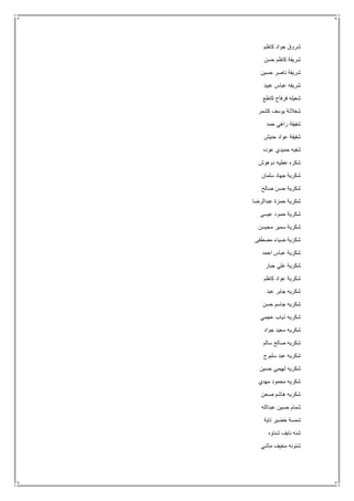 ‫كاظم‬ ‫جواد‬ ‫شروق‬
‫حسن‬ ‫كاظم‬ ‫شريفة‬
‫حسين‬ ‫ناصر‬ ‫شريفة‬
‫عبيد‬ ‫عباس‬ ‫شريفه‬
‫كاطع‬ ‫فرفاح‬ ‫شعيله‬
‫كشمر‬ ‫يوسف‬ ‫شغالتة‬
‫حمد‬ ‫راهي‬ ‫شفيقة‬
‫حنيش‬ ‫عواد‬ ‫شفيقة‬
‫عوده‬ ‫حميدي‬ ‫شفيه‬
‫دوهوش‬ ‫عطيه‬ ‫شكره‬
‫سلمان‬ ‫جهاد‬ ‫شكرية‬
‫صالح‬ ‫حسن‬ ‫شكرية‬
‫عبدالرضا‬ ‫حمزة‬ ‫شكرية‬
‫عيسى‬ ‫حمود‬ ‫شكرية‬
‫محيسن‬ ‫سمير‬ ‫شكرية‬
‫مصطفى‬ ‫ضياء‬ ‫شكرية‬
‫احمد‬ ‫عباس‬ ‫شكرية‬
‫جبار‬ ‫علي‬ ‫شكرية‬
‫كاظم‬ ‫عواد‬ ‫شكرية‬
‫عبد‬ ‫جابر‬ ‫شكريه‬
‫حسن‬ ‫جاسم‬ ‫شكريه‬
‫عجمي‬ ‫ذياب‬ ‫شكريه‬
‫جواد‬ ‫سعيد‬ ‫شكريه‬
‫سالم‬ ‫صالح‬ ‫شكريه‬
‫سلبوح‬ ‫عبد‬ ‫شكريه‬
‫حسين‬ ‫لهيمي‬ ‫شكريه‬
‫مهدي‬ ‫محمود‬ ‫شكريه‬
‫صحن‬ ‫هاشم‬ ‫شكريه‬
‫عبدالله‬ ‫حسين‬ ‫شمام‬
‫تاية‬ ‫خضير‬ ‫شمسة‬
‫شناوه‬ ‫نايف‬ ‫شنه‬
‫ماشي‬ ‫مخيف‬ ‫شنونه‬
 