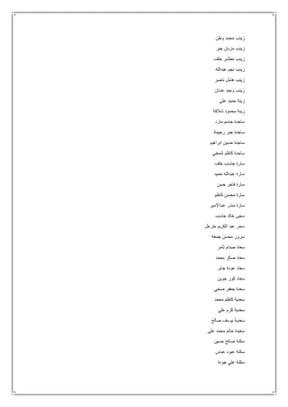 ‫وطن‬ ‫محمد‬ ‫زينب‬
‫جبر‬ ‫مزبان‬ ‫زينب‬
‫خلف‬ ‫مطشر‬ ‫زينب‬
‫عبدالله‬ ‫نجم‬ ‫زينب‬
‫ناصر‬ ‫هامل‬ ‫زينب‬
‫عدنان‬ ‫وحيد‬ ‫زينب‬
‫علي‬ ‫حميد‬ ‫زينة‬
‫شالكة‬ ‫محمود‬ ‫زينة‬
‫مارد‬ ‫جاسم‬ ‫ساجدة‬
‫رحيمة‬ ‫جبر‬ ‫ساجدة‬
‫ابراهيم‬ ‫حسين‬ ‫ساجدة‬
‫شمخي‬ ‫كاظم‬ ‫ساجدة‬
‫خلف‬ ‫جاسب‬ ‫سارة‬
‫حميد‬ ‫عبدالله‬ ‫سارة‬
‫حسن‬ ‫فاخر‬ ‫سارة‬
‫كاظم‬ ‫محسن‬ ‫سارة‬
‫عبداالمير‬ ‫منذر‬ ‫سارة‬
‫جاسب‬ ‫خالد‬ ‫سجى‬
‫خزعل‬ ‫الكريم‬ ‫عبد‬ ‫سحر‬
‫جمعة‬ ‫محسن‬ ‫سرور‬
‫ثامر‬ ‫صدام‬ ‫سعاد‬
‫محمد‬ ‫صكر‬ ‫سعاد‬
‫جابر‬ ‫عودة‬ ‫سعاد‬
‫جوين‬ ‫كوز‬ ‫سعاد‬
‫صخي‬ ‫جعفر‬ ‫سعدة‬
‫محمد‬ ‫كاظم‬ ‫سعدية‬
‫علي‬ ‫كرم‬ ‫سعدية‬
‫صالح‬ ‫يوسف‬ ‫سعدية‬
‫علي‬ ‫محمد‬ ‫حاتم‬ ‫سعيدة‬
‫حسين‬ ‫صالح‬ ‫سكنة‬
‫عباس‬ ‫عبود‬ ‫سكنة‬
‫جودة‬ ‫علي‬ ‫سكنة‬
 