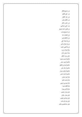 ‫كاظم‬ ‫صبيح‬ ‫نور‬
‫كاطع‬ ‫علي‬ ‫نور‬
‫كاطع‬ ‫غتر‬ ‫نور‬
‫وايش‬ ‫كاظم‬ ‫نور‬
‫طاهر‬ ‫ناصر‬ ‫نور‬
‫عبدالنبي‬ ‫علي‬ ‫نورا‬
‫صبيح‬ ‫احمد‬ ‫نورالهدى‬
‫جاسم‬ ‫صبيح‬ ‫نورة‬
‫عبد‬ ‫فيصل‬ ‫نورة‬
‫كريم‬ ‫كاظم‬ ‫نورة‬
‫علي‬ ‫جمعة‬ ‫نورية‬
‫بداي‬ ‫سيالن‬ ‫نورية‬
‫عذيب‬ ‫لعيبي‬ ‫نورية‬
‫مريد‬ ‫خواف‬ ‫نوفة‬
‫ايدام‬ ‫ربعون‬ ‫نونة‬
‫كاظم‬ ‫جواد‬ ‫هاجر‬
‫مريح‬ ‫حسن‬ ‫هاشمية‬
‫جابر‬ ‫حمود‬ ‫هاشمية‬
‫كاطع‬ ‫حواس‬ ‫هاشمية‬
‫عامر‬ ‫سالم‬ ‫هاشمية‬
‫ديوان‬ ‫سلمان‬ ‫هاشمية‬
‫ناصر‬ ‫شناوة‬ ‫هاشمية‬
‫سلمان‬ ‫احمد‬ ‫هبة‬
‫فاخر‬ ‫جاسب‬ ‫هبة‬
‫عريبي‬ ‫حمودي‬ ‫هبة‬
‫عبود‬ ‫كاظم‬ ‫هبة‬
‫جودة‬ ‫قاسم‬ ‫هداية‬
‫غميس‬ ‫بنوان‬ ‫هدى‬
‫سلمان‬ ‫جبار‬ ‫هدى‬
‫خضير‬ ‫حمادي‬ ‫هدى‬
‫جاسم‬ ‫خزعل‬ ‫هدى‬
‫هاشم‬ ‫عبدالحسين‬ ‫هدى‬
 