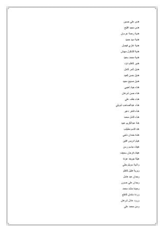 ‫حسين‬ ‫علي‬ ‫هدى‬
‫افليح‬ ‫مجيد‬ ‫هدى‬
‫عرسان‬ ‫رحمة‬ ‫هدية‬
‫حميد‬ ‫سيد‬ ‫هدية‬
‫فيصل‬ ‫غازي‬ ‫هدية‬
‫مهبش‬ ‫كشكول‬ ‫هدية‬
‫سعيد‬ ‫محمد‬ ‫هدية‬
‫داود‬ ‫كاظم‬ ‫هدير‬
‫كامل‬ ‫ثامر‬ ‫هديل‬
‫كعيد‬ ‫حسن‬ ‫هديل‬
‫مجيد‬ ‫صبيح‬ ‫هديل‬
‫لعيبي‬ ‫جياد‬ ‫هناء‬
‫شرهان‬ ‫حسن‬ ‫هناء‬
‫علي‬ ‫خلف‬ ‫هناء‬
‫ش‬ ‫عبدالصاحب‬ ‫هناء‬‫ويلي‬
‫دعير‬ ‫فاخر‬ ‫هناء‬
‫محمد‬ ‫كامل‬ ‫هناء‬
‫عبيد‬ ‫عبدالكريم‬ ‫هنة‬
‫مطيلب‬ ‫قاسم‬ ‫هند‬
‫ناجي‬ ‫حمدان‬ ‫هندة‬
‫افتين‬ ‫ادريس‬ ‫هيام‬
‫رسن‬ ‫جاسم‬ ‫هيفاء‬
‫سحيف‬ ‫فرحان‬ ‫هيفاء‬
‫عودة‬ ‫جويعد‬ ‫هيلة‬
‫بطي‬ ‫سويلم‬ ‫واشية‬
‫كاظم‬ ‫هليل‬ ‫وبرية‬
‫هامل‬ ‫عبد‬ ‫وجدان‬
‫حسون‬ ‫علي‬ ‫وجدان‬
‫محمد‬ ‫منشد‬ ‫وحيدة‬
‫كاطع‬ ‫سلمان‬ ‫وردة‬
‫شرهان‬ ‫عادل‬ ‫ورود‬
‫علي‬ ‫محمد‬ ‫وسن‬
 