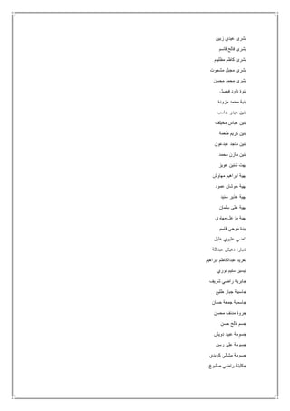 ‫زبين‬ ‫عيدي‬ ‫بشرى‬
‫قاسم‬ ‫فالح‬ ‫بشرى‬
‫مظلوم‬ ‫كاظم‬ ‫بشرى‬
‫مشحوت‬ ‫مجبل‬ ‫بشرى‬
‫محسن‬ ‫محمد‬ ‫بشرى‬
‫فيصل‬ ‫داود‬ ‫بنوة‬
‫مزودة‬ ‫محمد‬ ‫بنية‬
‫جاسب‬ ‫حيدر‬ ‫بنين‬
‫مخيلف‬ ‫عباس‬ ‫بنين‬
‫طعمة‬ ‫كريم‬ ‫بنين‬
‫عبدعون‬ ‫ماجد‬ ‫بنين‬
‫محمد‬ ‫مازن‬ ‫بنين‬
‫عويز‬ ‫شنين‬ ‫بهت‬
‫مهاوش‬ ‫ابراهيم‬ ‫بهية‬
‫عمود‬ ‫حوشان‬ ‫بهية‬
‫سنيد‬ ‫عذير‬ ‫بهية‬
‫سلمان‬ ‫علي‬ ‫بهية‬
‫مهاوي‬ ‫مزعل‬ ‫بهية‬
‫قاسم‬ ‫موحي‬ ‫بيدة‬
‫خليل‬ ‫عليوي‬ ‫تاضي‬
‫عبداللة‬ ‫دهيش‬ ‫تدبارة‬
‫ابراهيم‬ ‫عبدالكاظم‬ ‫تغريد‬
‫نوري‬ ‫سليم‬ ‫تيسير‬
‫شريف‬ ‫راضي‬ ‫جابرية‬
‫طليع‬ ‫جبار‬ ‫جاسبية‬
‫حسان‬ ‫جمعة‬ ‫جاسمية‬
‫محسن‬ ‫مدنف‬ ‫جروة‬
‫حسن‬ ‫فالح‬ ‫جسم‬
‫دويش‬ ‫عبيد‬ ‫جسومة‬
‫رسن‬ ‫علي‬ ‫جسومة‬
‫كريدي‬ ‫مشالي‬ ‫جسومة‬
‫صلبوخ‬ ‫راضي‬ ‫جكليتة‬
 